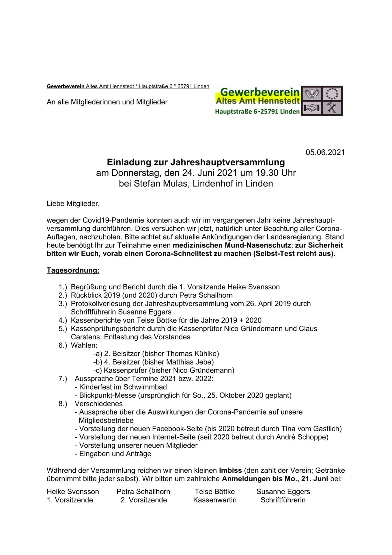 Einladung zur Jahreshauptversammlung am 24.06.